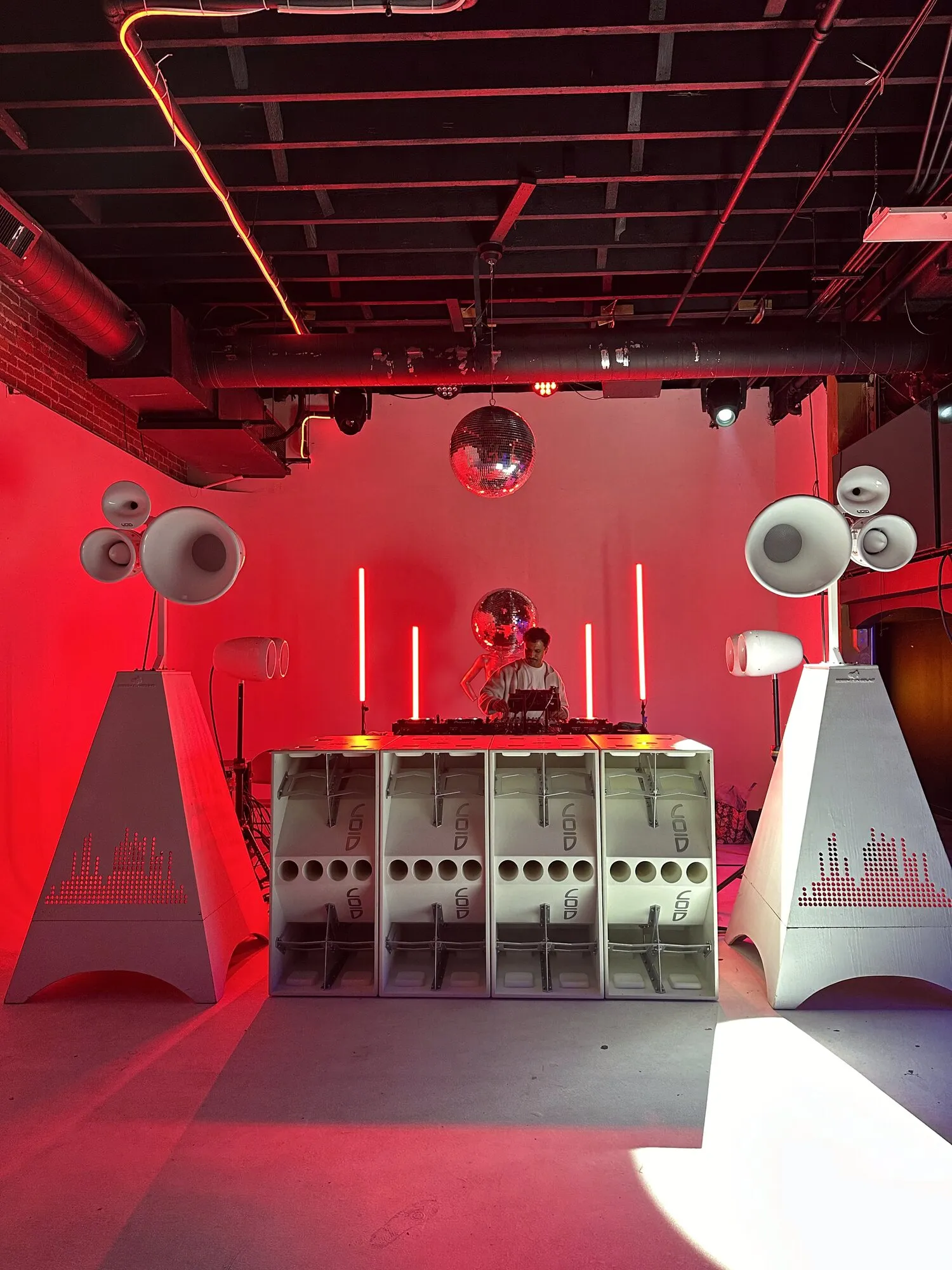 Bobby Jon Sound's full Void Acoustics 4x4 stack with Air Motions and Stasys subwoofers, set up for Moving Heads
