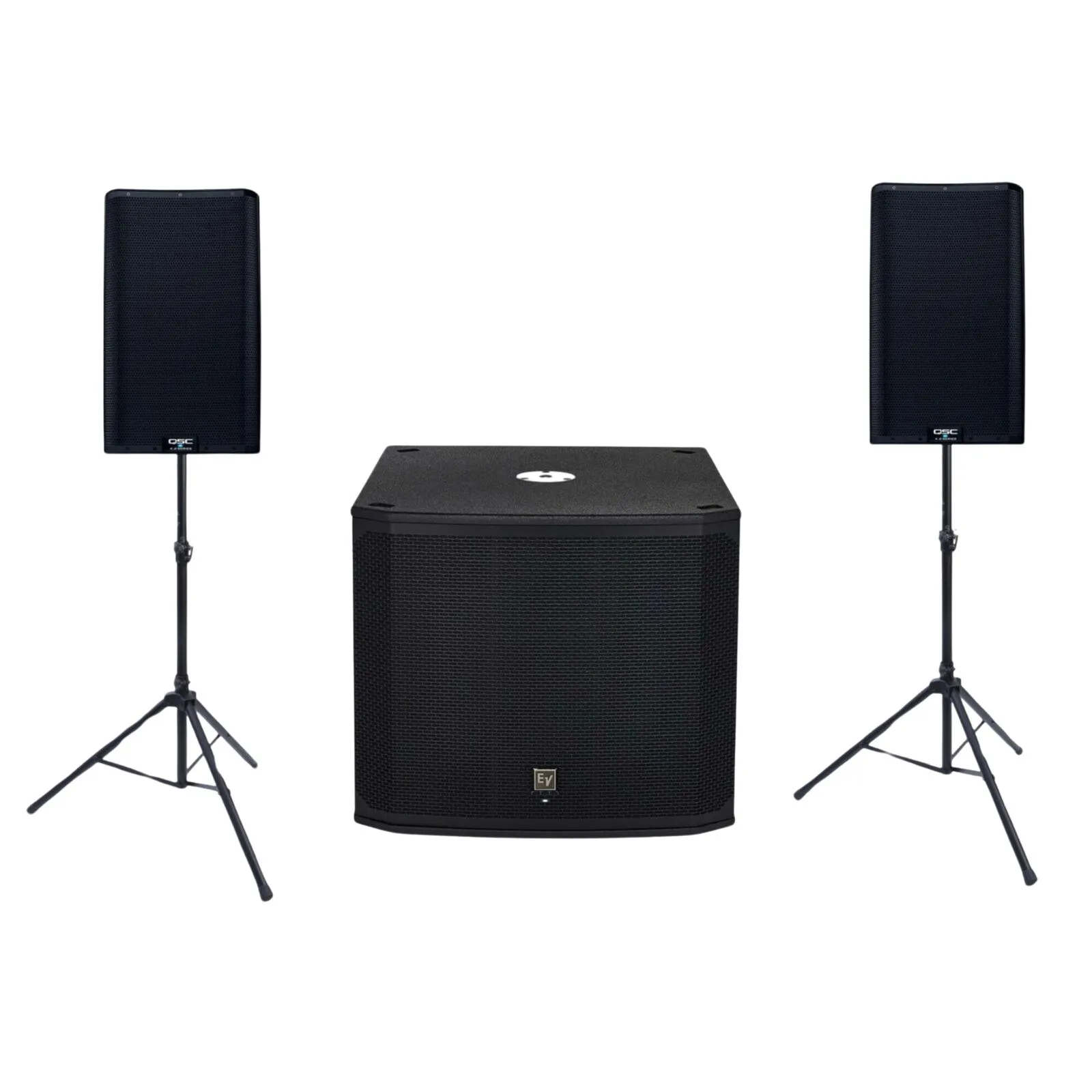 Powered PA package: two QSC K12.2 speakers on stands and an EV EKX-18SP subwoofer